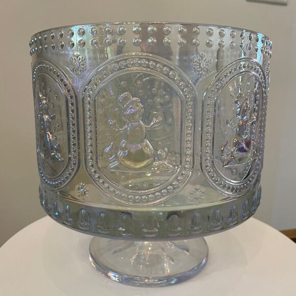 Clear Glass Trifle Pedestal Bowl Footed Candy Dish Christmas Snowman Embossed - Picture 1 of 10